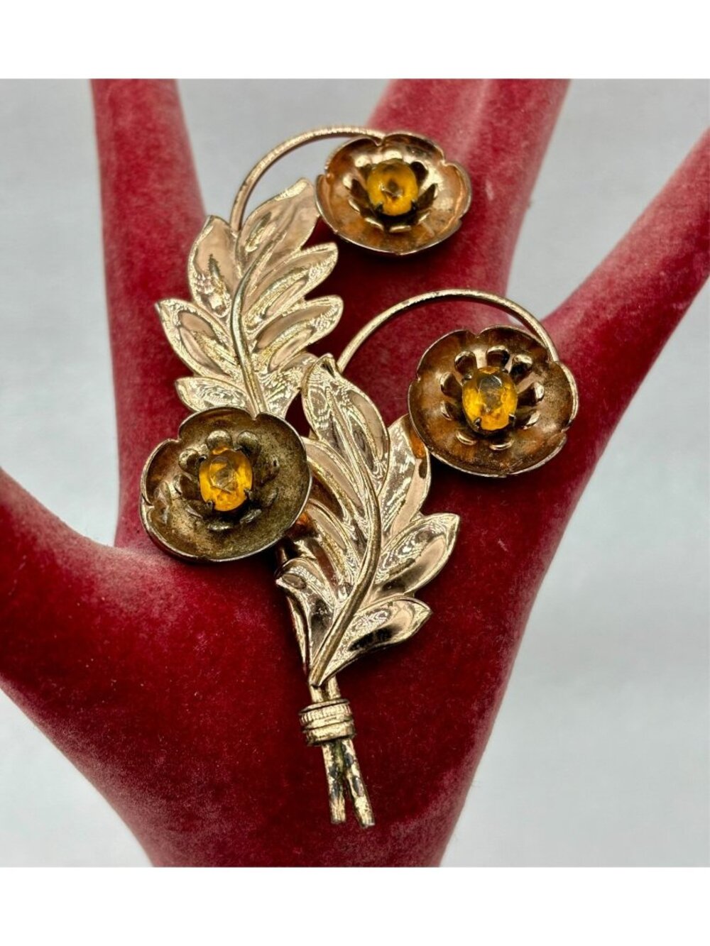 1940-50s 12k Gold Vermeil Sterling Amber Rhinestone Brooch